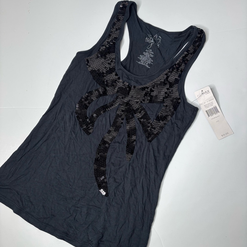 Miley Cyrus Max Azria Sequin Bow Tunic Tank Top Black Y2K NWT